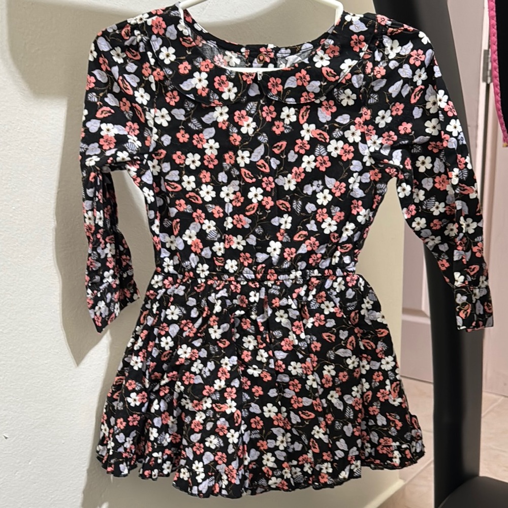 Floral Kids Dress - Black with Red and White Flowers